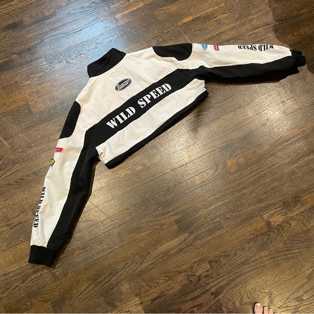 Size S Edikted black and white Lenni patch cropped Wild Speed long sleeve jacket - Picture 4 of 13